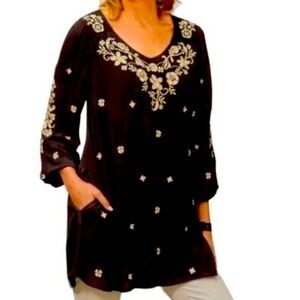 Soft Surroundings boho embroidered dark grey and cream tunic